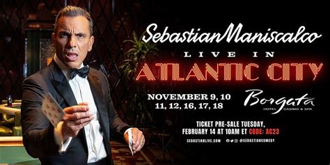 Sebastian maniscalco borgata - Nov 30, 2023 · For fans of comedian Sebastian Maniscalco, Christmas has come early. ... 50, on a rare break between back-to-back stand-up gigs at the Borgata hotel in Atlantic City, New Jersey, honing a new act ...